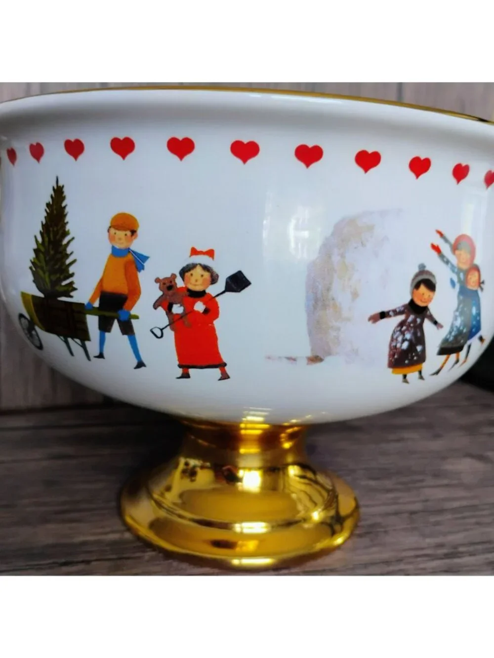 Vintage Teleflora Charles Wysocki Christmas Bowl Love 2000 Pedestal Gold Trim 8
